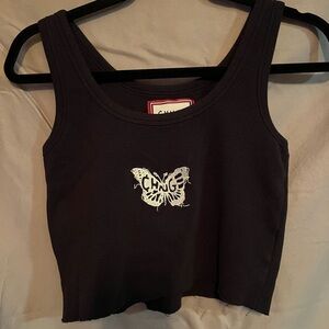 CHNGE Black Tank Top with White Butterfly Design